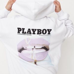 PLAYBOY x missguided white magazine print oversized hoodie dress